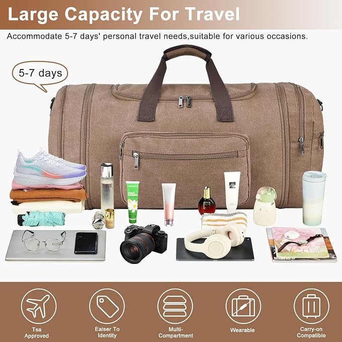 Felipe Varela 60L Duffle Bag for Men, Large Expandable Canvas Duffel Bag for - Image 4