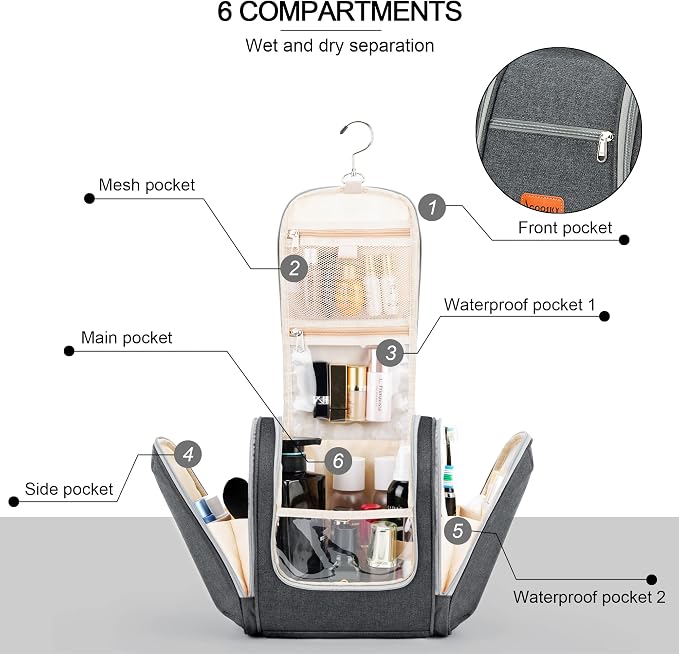 Hanging Travel Toiletry Bag for Women and Men, 6 Organizer Compartments - Image 3