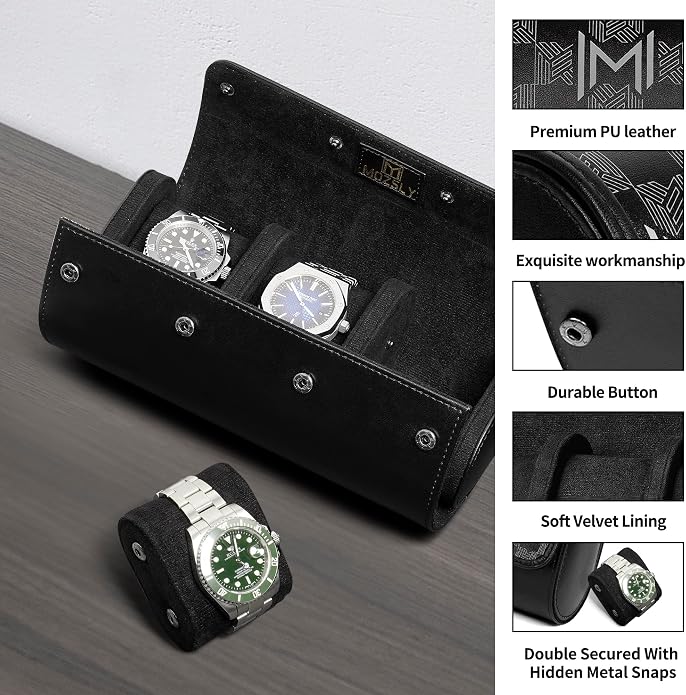 MOZSLY Watch Roll Travel Case 3 Slots Portable Watches Box Organizer Storage - Image 3