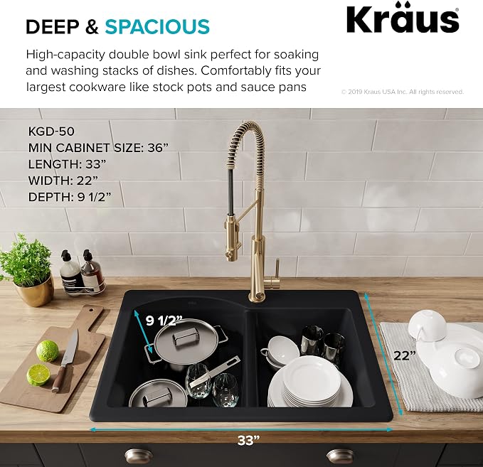 KRAUS Forteza 33-inch Drop In/Undermount 60/40 Double Bowl Granite Kitchen Sink - Image 3