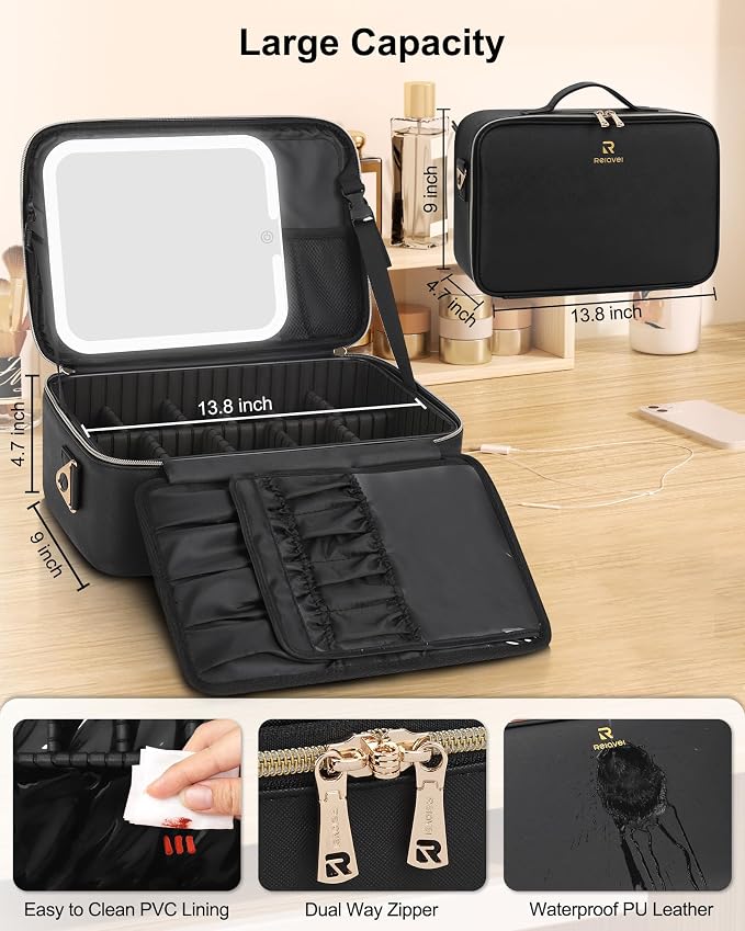 Relavel Makeup Bag with LED Mirror Travel Train Case Large Cosmetic Bags - Image 6