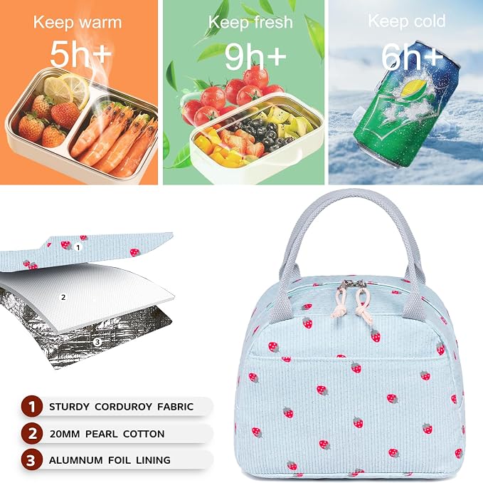 Bluboon Lunch Bag for Women Men Cute Corduroy Lunch Tote Bags Reusable - Image 8