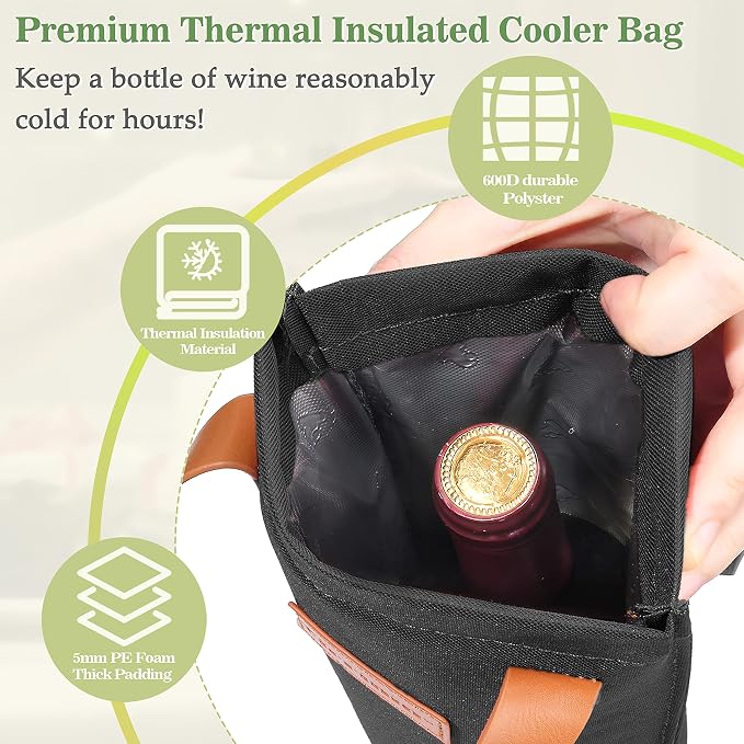 Tirrinia Single Wine Carrier Tote, Insulated Wine Cooler Bag - Image 3