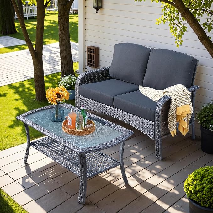 HOOOWOOO Patio Furniture Set, Outdoor High Back Loveseat Set, All Weather by DesignforBetterLife