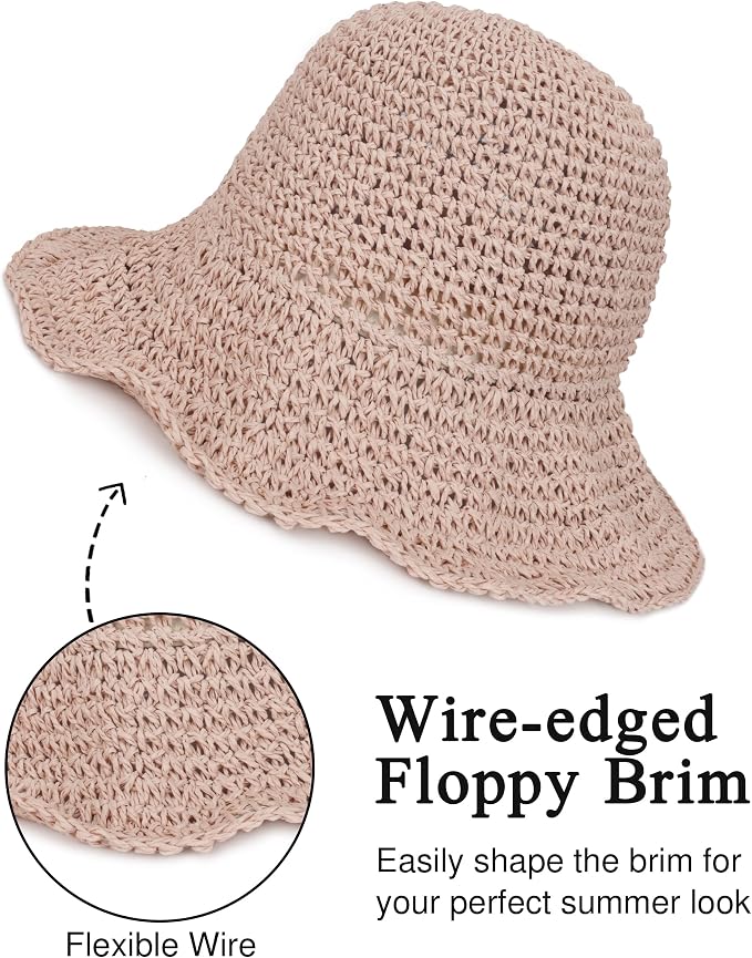 Womens Wide Brim Straw Sun Hat Foldable Floppy Crochet Beach Hat - Image 4