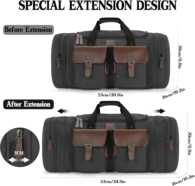Canvas Duffle Bag for Men 50L Travel Duffel Bags Expandable Genuine Leather - Image 2