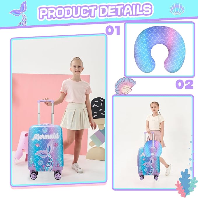 Cute Mermaid Kid’s Luggage Set 5 Piece Suitcase Set 16’’ Hardside Luggage - Image 6