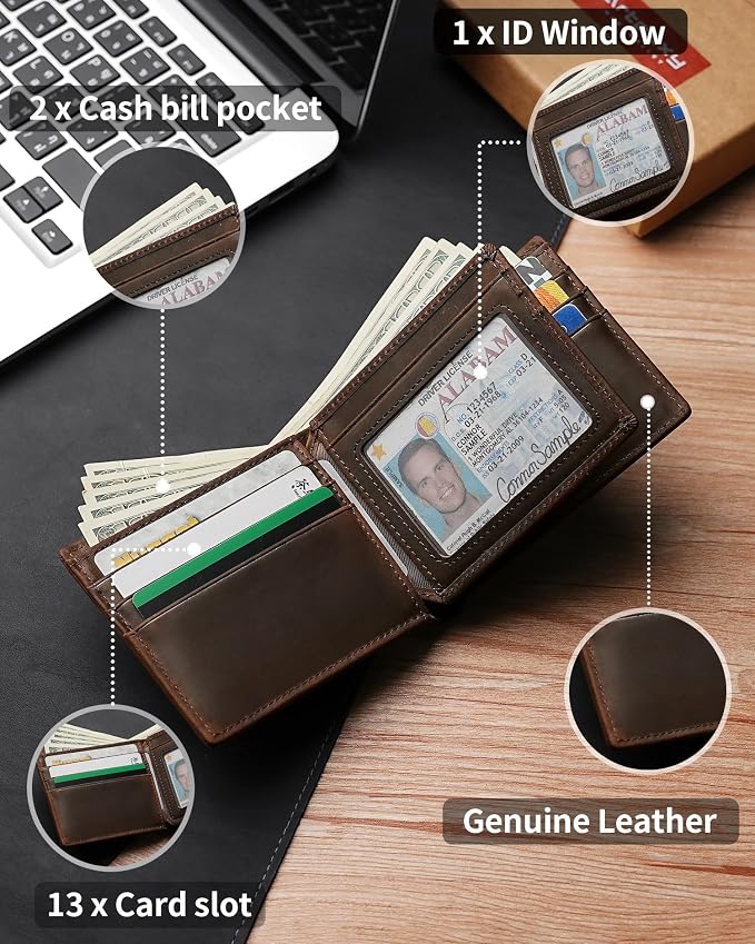 Mens Wallet Genuine Leather Bifold RFID Blocking Wallet - Image 5
