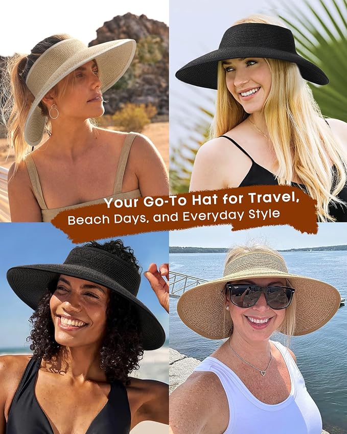 Womens Sun Visor Hats Wide Brim Straw Beach Hat UV Protection Ponytail Packable - Image 6