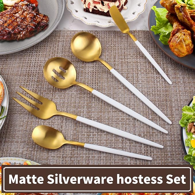 Matte White Gold Serving Silverware Set, 5-Piece Round Shared Utensils Set of - Image 5