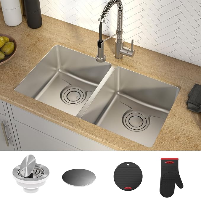 KRAUS Dex 33-Inch Undermount 50/50 Double Bowl TRU16 Gauge Stainless Steel - Image 9