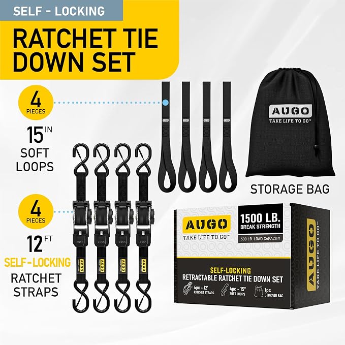 AUGO Self-Locking Retractable Ratchet Straps | 4 Heavy Duty Self-Tensioning - Image 4