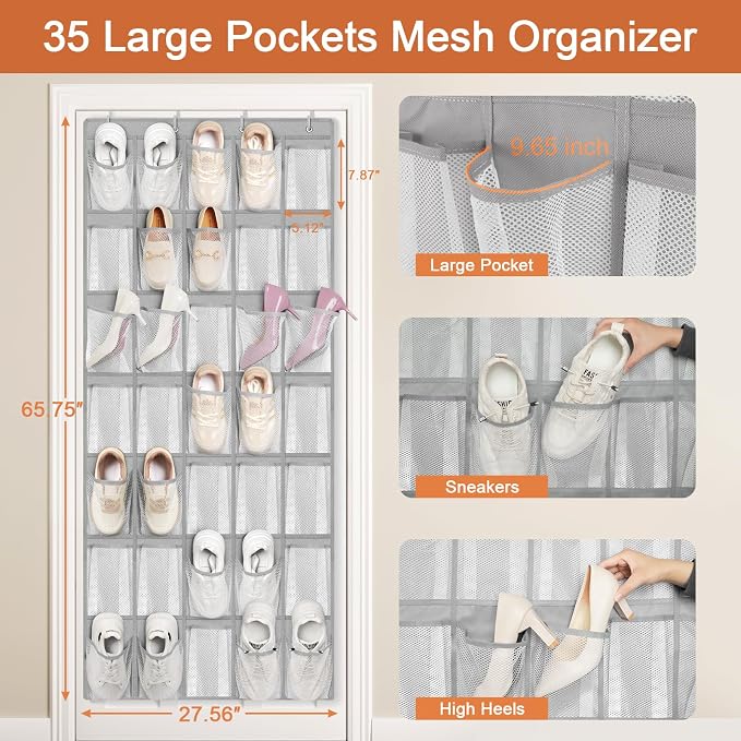 FENTEC 35 Large Pockets Over The Door Shoe Organizer, Mesh Hanging Shoe - Image 6