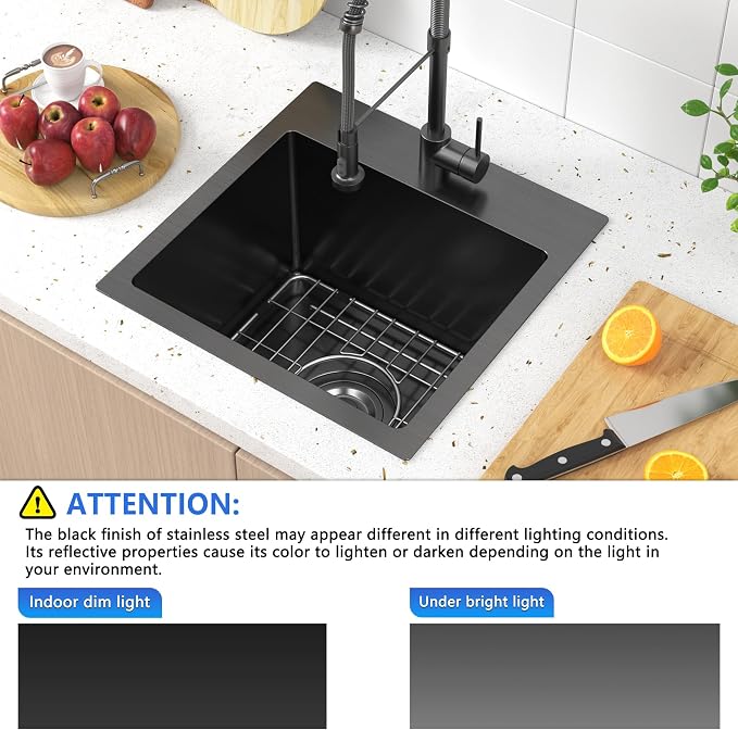 15 x 15 inch Drop in Bar Sink Black, Gunmetal Black Bar Sink 18 Gague Topmount - Image 2
