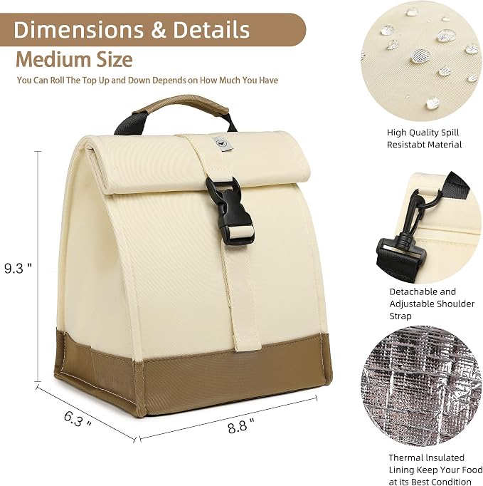 SUNNY BIRD Insulated Lunch Bag Rolltop Lunch Box Medium Lunch Cooler Tote - Image 4