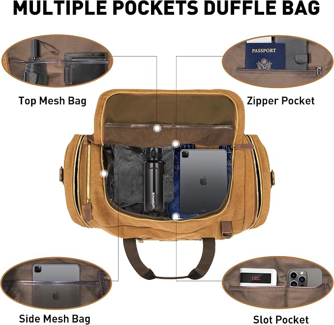 60L Travel Bags for Men, Nomad Canvas Duffle Bag Vintage Genuine Leather Travel - Image 4
