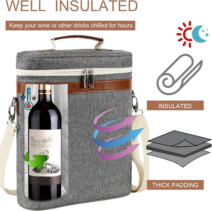 3 Bottle Insulated Wine Tote Carrier Bag, Portable Travel Padded Wine Cooler - Image 2