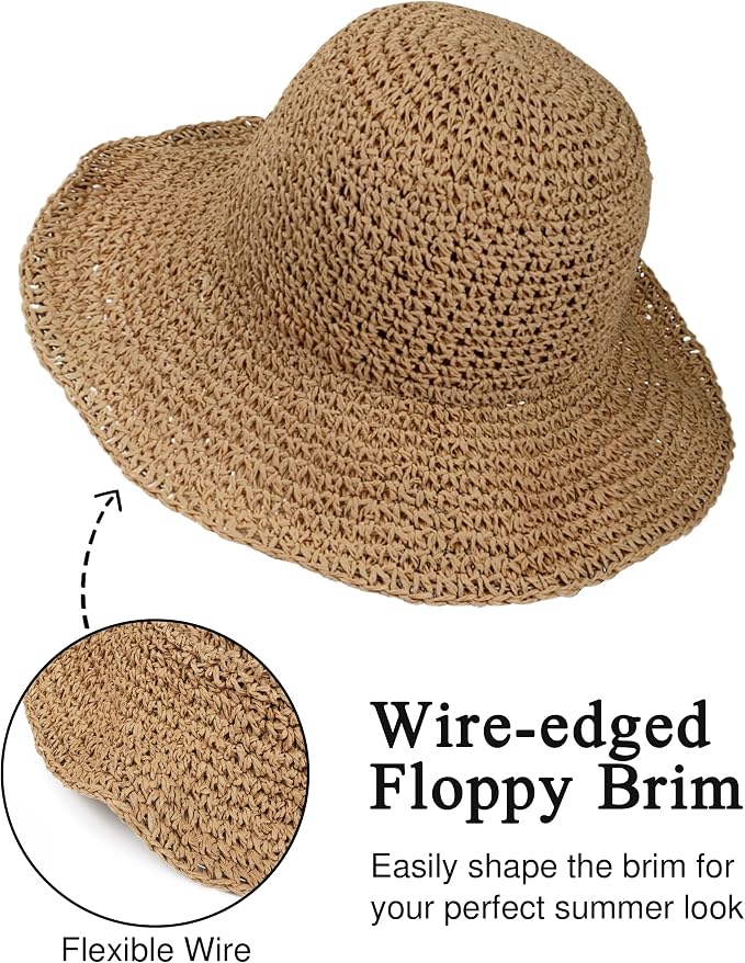Womens Wide Brim Straw Sun Hat Foldable Floppy Crochet Beach Hat - Image 4