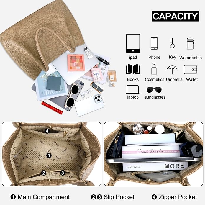 KKXIU Tote Bag for Women Vegan Leather Shoulder Purse Large Capacity Travel Bag - Image 6
