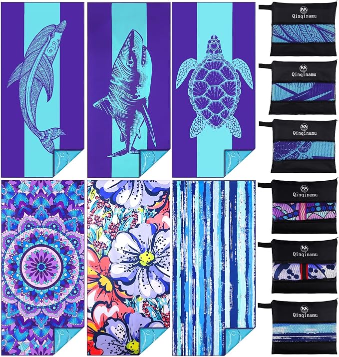 6 Pack Microfiber Oversized Lightweight Beach Towel 71"x32" Extra Thin Large by Qinqinamu