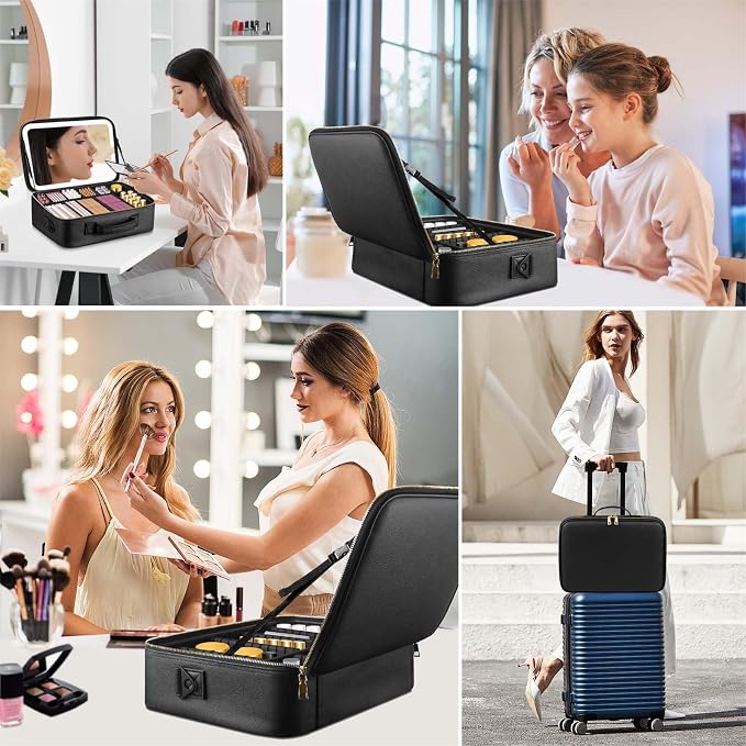 Large Travel Makeup Bag with LED Mirror, 3-Color Stepless Dimming Stand Mirror - Image 8