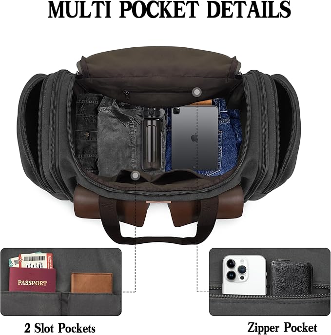Canvas Duffle Bag for Men 50L Travel Duffel Bags Expandable Genuine Leather - Image 4