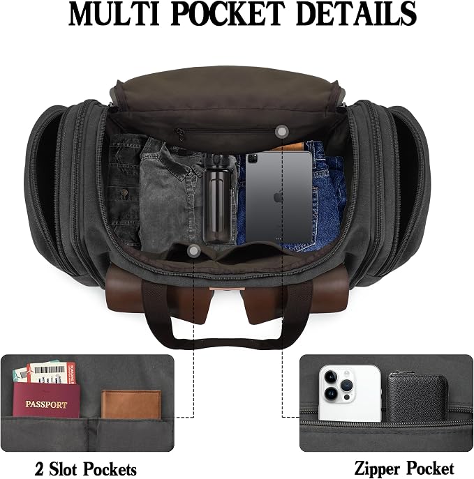 Canvas Duffle Bag for Men 60L Travel Duffel Bags Expandable Genuine Leather - Image 4