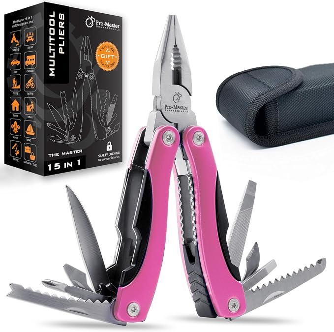 Pink Multitool 15-in-1 for Mom, Practical EDC Multi Tool Pliers, Pocket Knife by Pro-Master