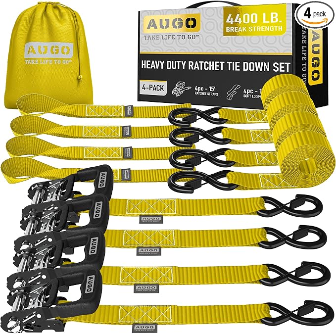 AUGO Heavy Duty Ratchet Straps & Soft Loops – Pack of 4 Extra Strong 1.5” by by AUGO