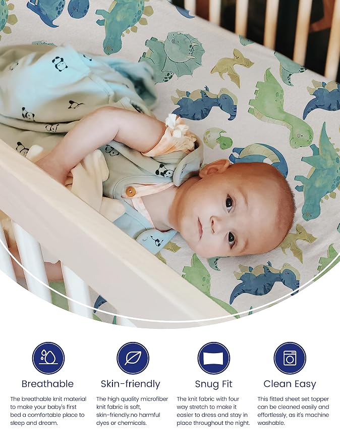 TotAha Pack and Play Sheets Fitted, Buttery Soft Dinosaur Mini Crib Sheets Boy - Image 2