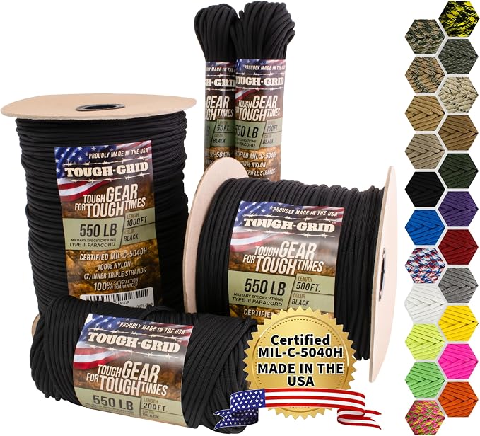 TOUGH-GRID 550 Paracord Rope Nylon Parachute Cord, Made in USA Survival Kit by TOUGH-GRID