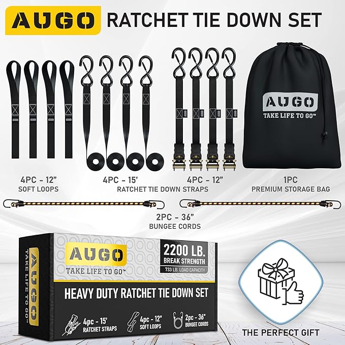 AUGO Ratchet Straps Heavy Duty 4 Pack -15 FT - 2200 LB Break Strength – - Cargo - Image 5
