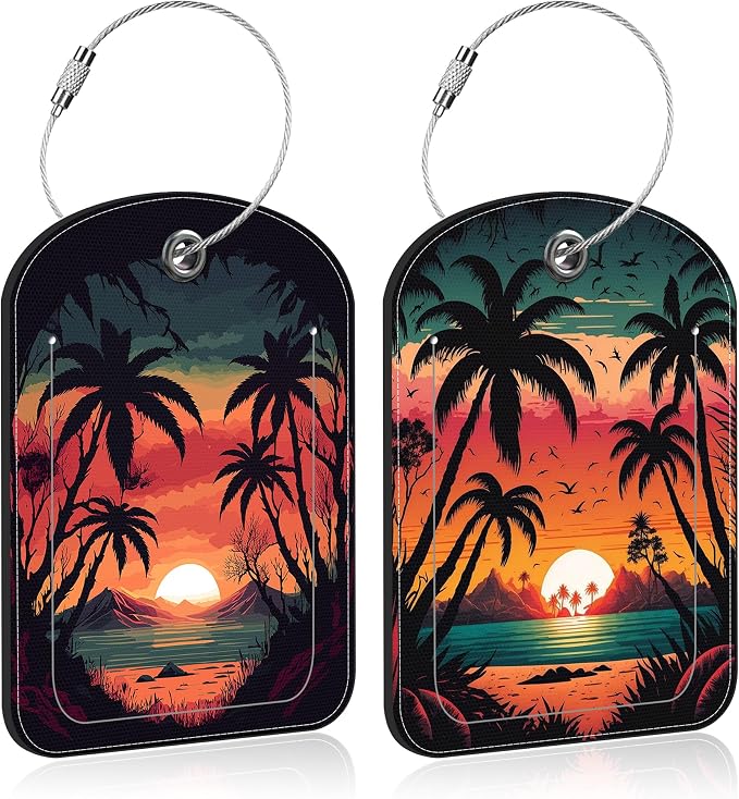 Sunset Mountain Lake Palm Tree Leather Luggage Tag by Unknown