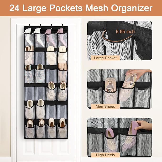 FENTEC 24 Pocket Over Door Shoe Organizer, Mesh Closet Shoe Holder - Image 6