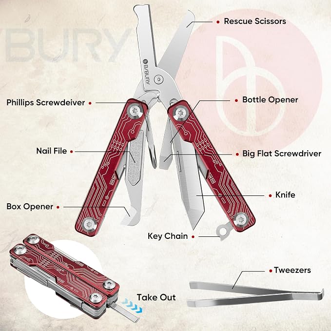 BIBURY Mini Keychain Multitool Scissors BI2061R, 9 in 1 Multitool EDC Scissors - Image 2