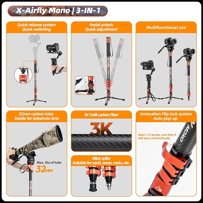 Fotopro Carbon Fiber 3-in-1 Monopod, Max Load 22lbs - Image 4
