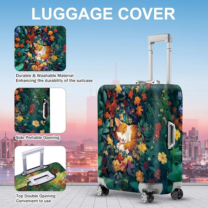ANNA QUEEN Dreamy Cat Luggage Cover, Cat Sleeping in a Flower Field Design - Image 3