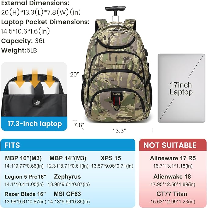 Boavan Rolling Backpack, 17 inch Water Resistant Wheeled Backpack, Carry on - Image 2