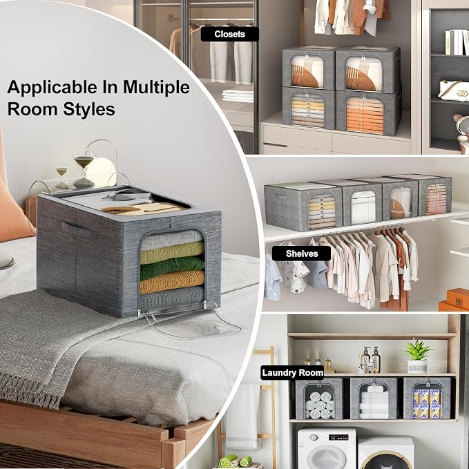 GoMaihe Clothes Storage Bins Metal Frame: 3-Pack Compact Stackable Closet - Image 6