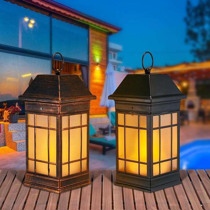14" Solar Lantern Outdoor Waterproof, Glass Flickering Flame Solar Lanterns - Image 3