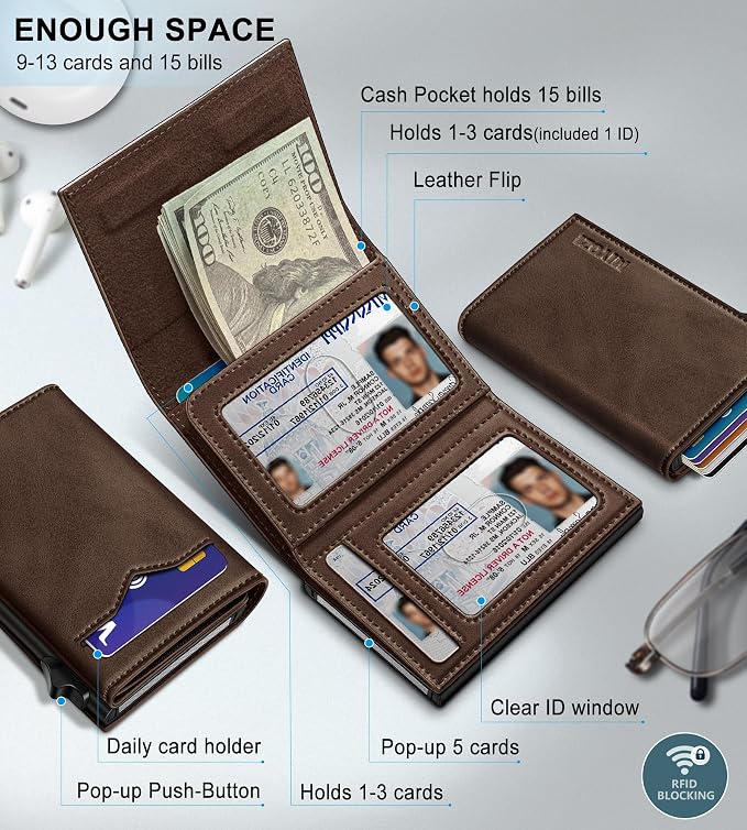 Wallet for Men, with Cash Pocket 2 ID Window 9-13 Cards, Metal Case Smart Slim - Image 2