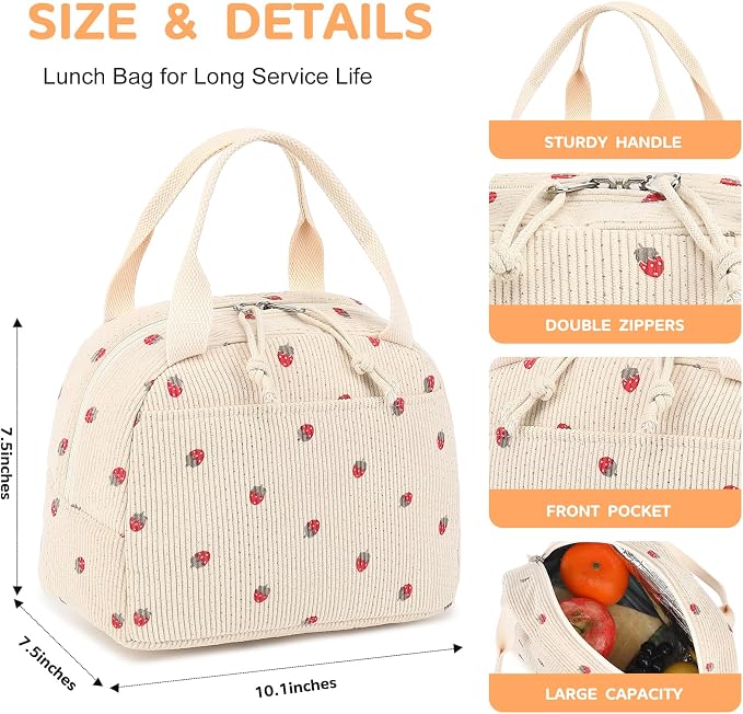 Bluboon Lunch Bag for Women Men Cute Corduroy Lunch Tote Bags Reusable - Image 5