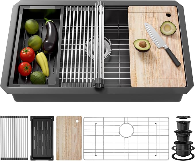 33 Inch Undermount Kitchen Sink Stainless Steel, 33x19 Undermount Workstation by VALONDINO