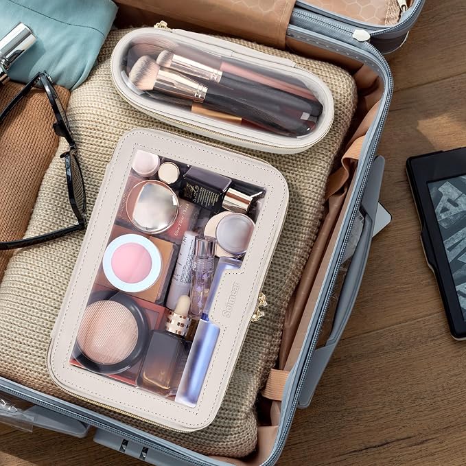 Travel Clear Makeup Bag with Makeup Brush Bag, Leather Make up Case Toiletry Bag - Image 3