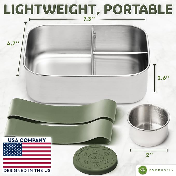 Everusely - Bento Box - Sage, 37oz / 1.1 L - Stainless Steel Lunch Box - 3 - Image 2