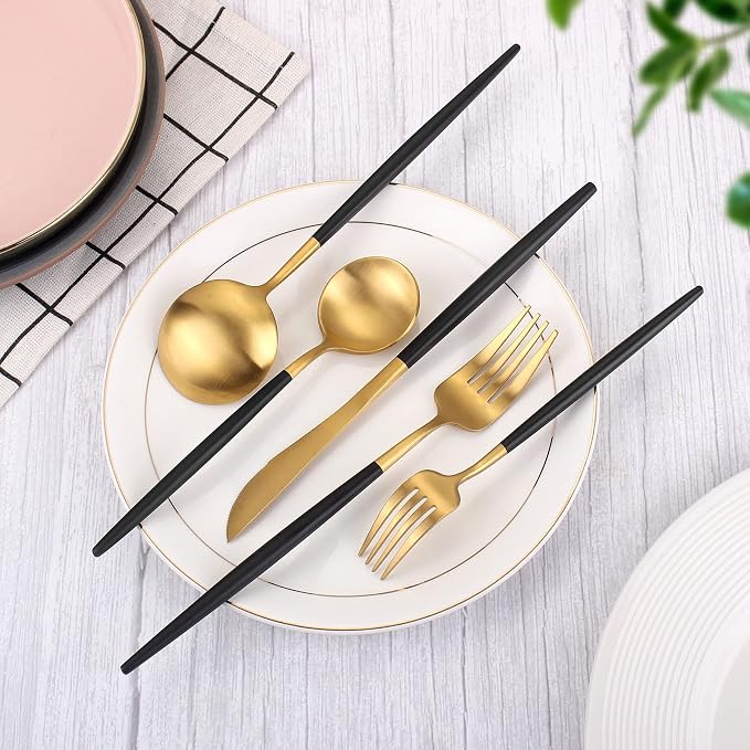 Matte Gold Silverware Set With Black Handle, IBIILII JEFF 20 Pieces Stainless - Image 3