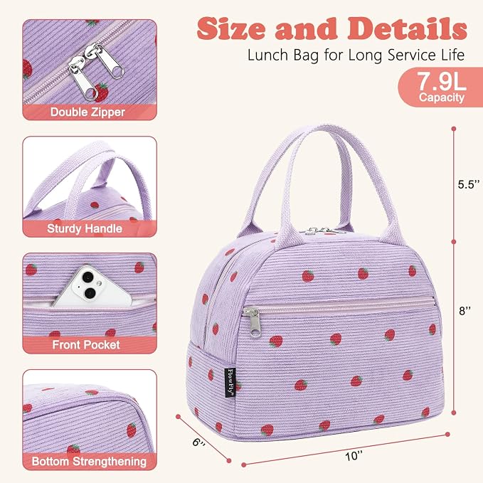 FlowFly Insulated Lunch Bag for Women – Corduroy Lunch Tote Box, Cute Cooler - Image 3