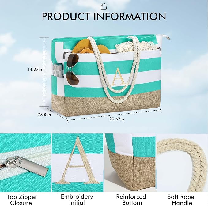 YOOLIFE Large Initial Beach Bag Waterproof Tote Zipper Bag Personalized Gifts - Image 3
