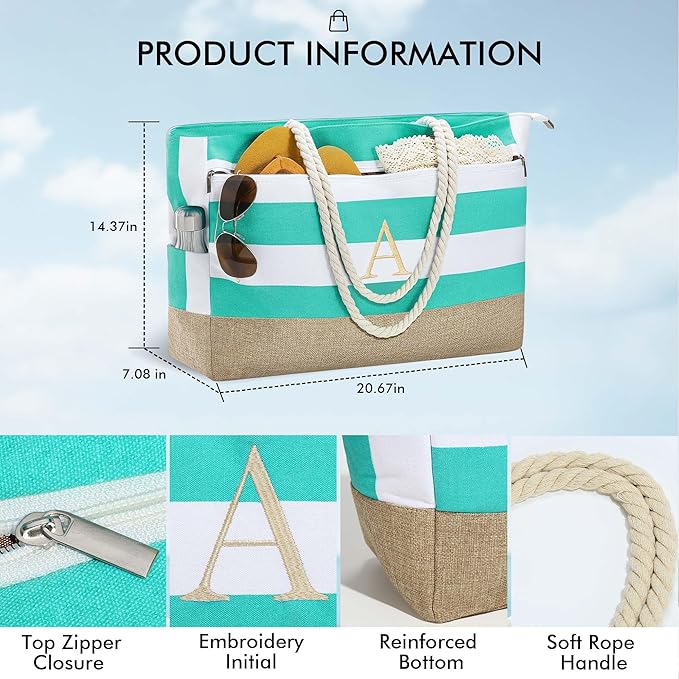 YOOLIFE Large Initial Beach Bag Waterproof Tote Zipper Bag Personalized Gifts - Image 3