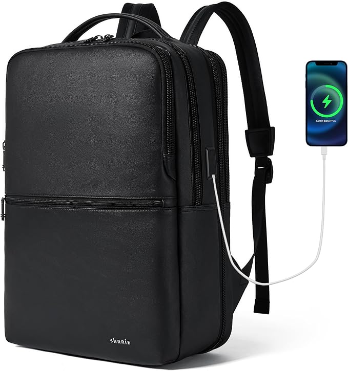Vegan Leather Laptop Backpack for Women&Men, 16 Inch Expandable Backpack by Shrrie